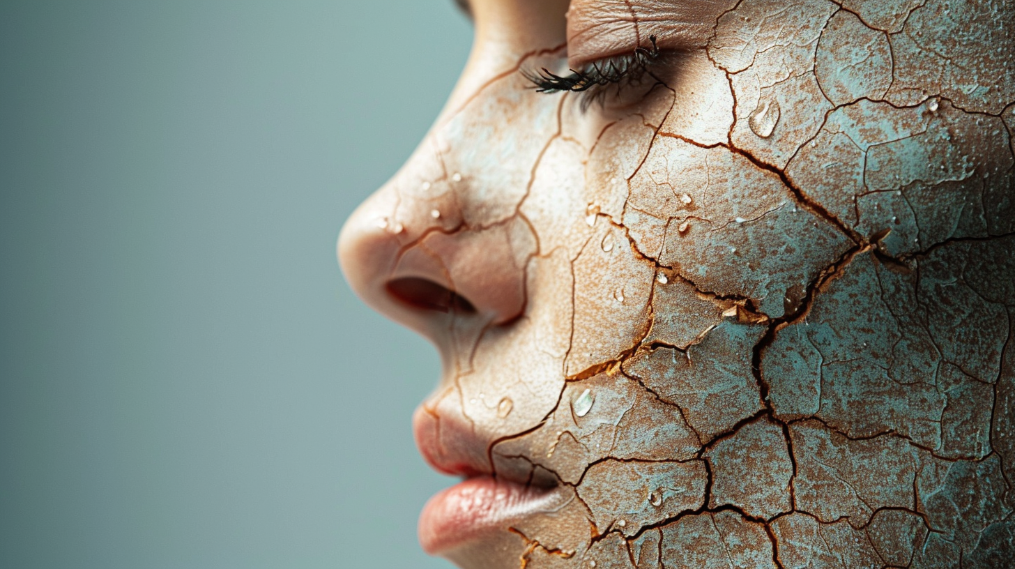 Conceptual image of water droplets evaporating from dry, cracked skin