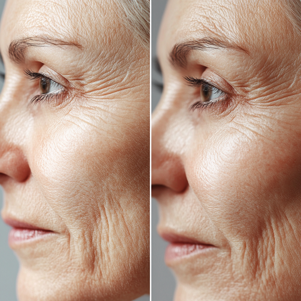 Before-and-after visuals showing reduced wrinkles and improved skin texture.