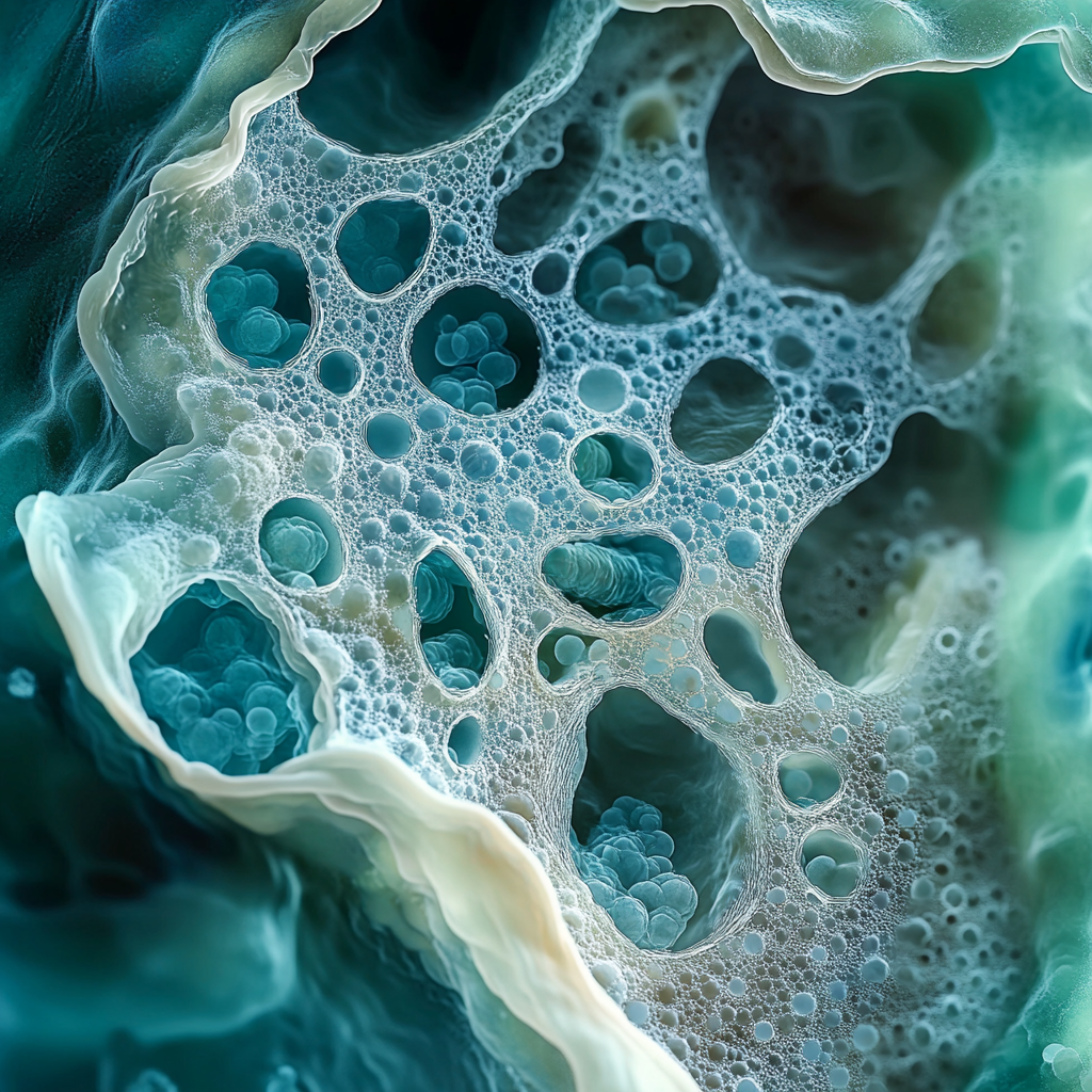 Detailed microscopic visualization, skin cells regenerating, collagen fibers forming, cellular level, cosmetic science style, vibrant soft blue-green palette, accurate yet aesthetic 