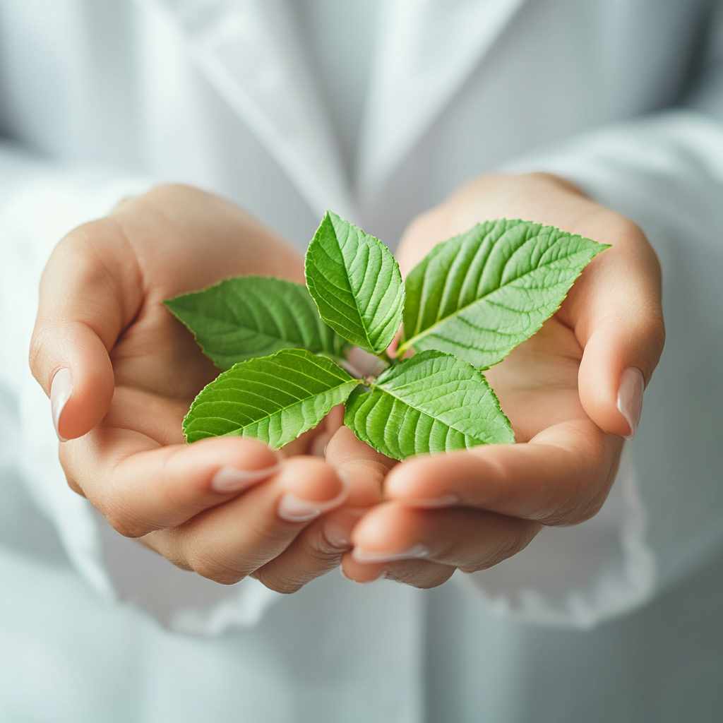 Hands gently holding vibrant green leaves, ethical and sustainable concept, soft natural lighting, blurred cosmetic laboratory setting, warm inviting tones, photorealistic detail