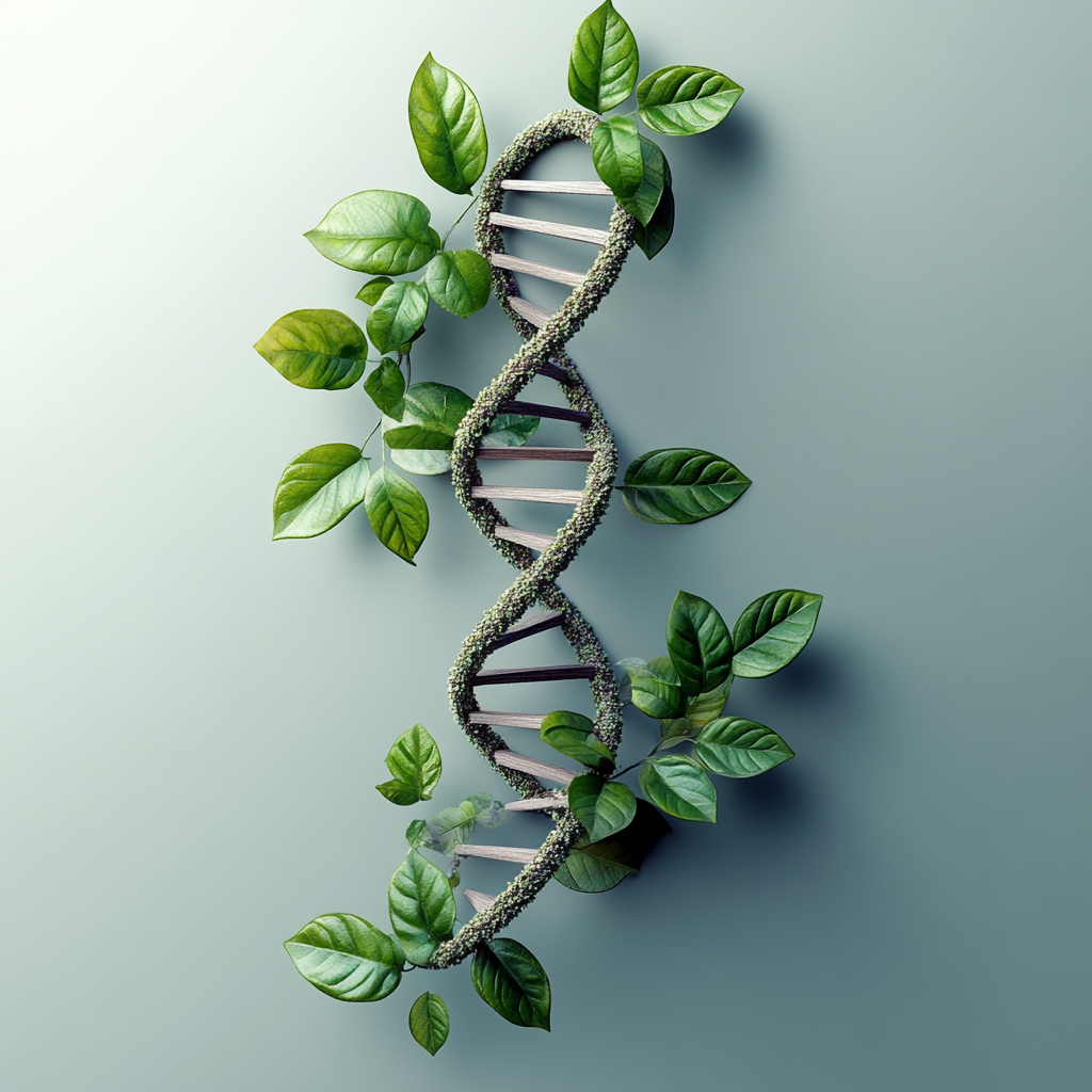 Ultra-realistic 8K image, lush green plant leaves gracefully intertwined with abstract DNA helix, skincare theme, elegant, professional, soft neutral background, minimalist yet sophisticated, ethical biotech concept 