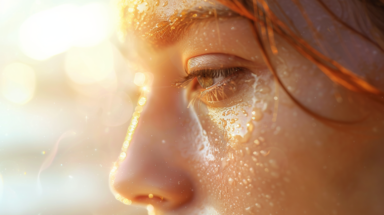Close-up of hydrated, glowing skin with a dewy texture under soft light