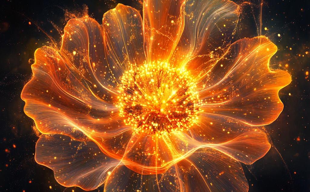 Calendula imagery blending with skin in a biotech-inspired design