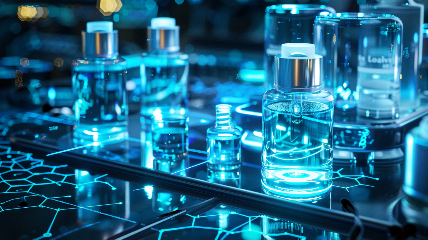 Futuristic skincare lab setup showing layered product design and active ingredient visuals