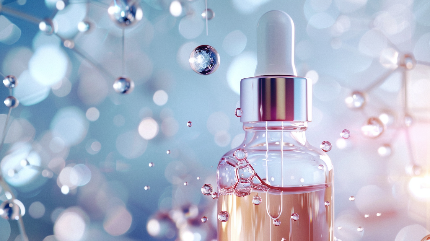 Abstract image of vitamin molecules suspended in a glowing skincare formula