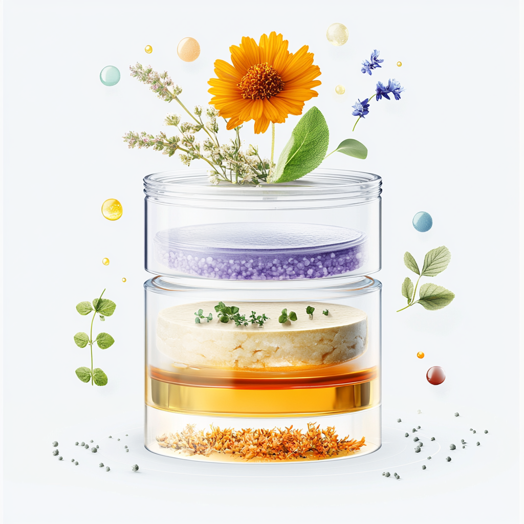 Illustrated skincare formulation blueprint showing layered active functions