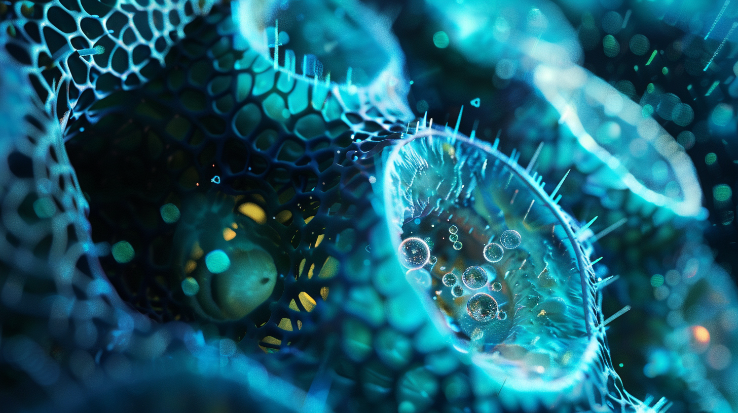 A futuristic close-up of plant cells under a glowing microscope, showing nano-sized vesicles emerging from a plant cell wall, glowing with bioluminescent light, surreal scientific beauty, sharp focus, botanical biotechnology aesthetic