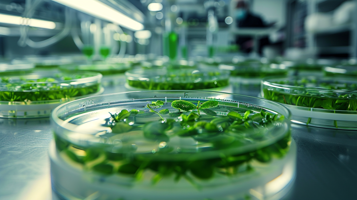 Elegant modern biotechnology lab growing plant cells in sterile culture flasks, soft natural lighting, green tones, scientific yet clean and serene, futuristic cosmetic research aesthetic