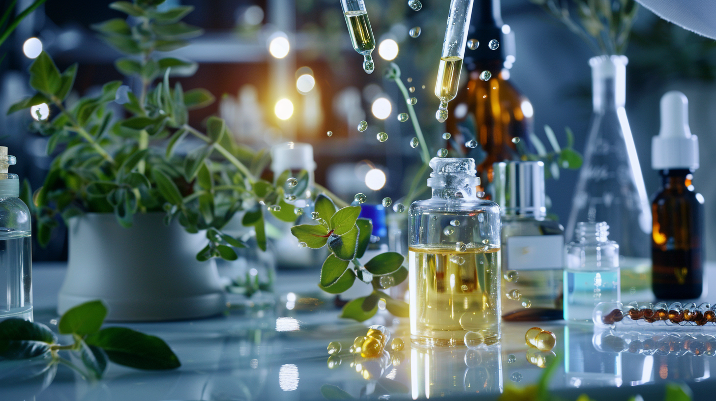 Luxury skincare formulation scene with a scientist dropping exosome extract into a serum bottle, glowing droplets, clean bench top, botanical ingredients in background, modern cosmetic development vibe